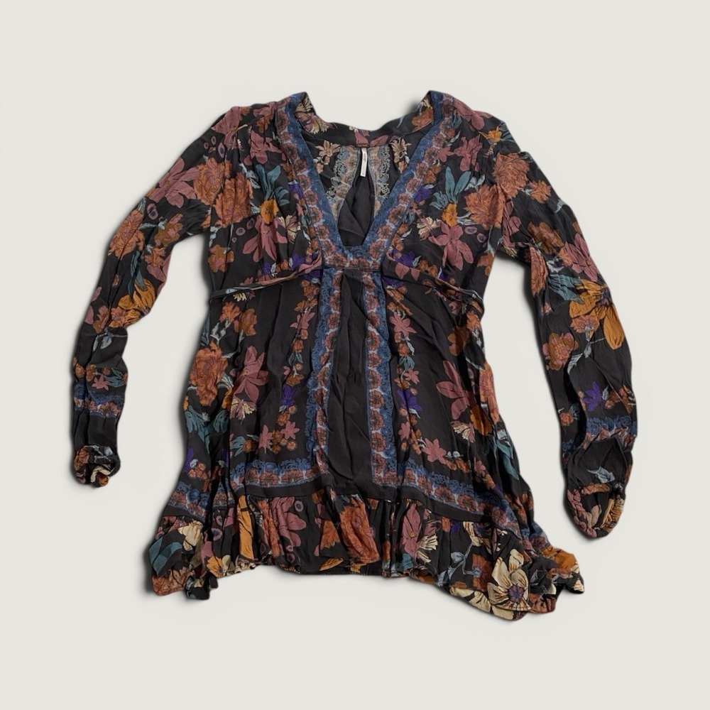 Free People Blouse Long Sleeve Top Ruffle Hem Floral V Neck Colorful Size 2